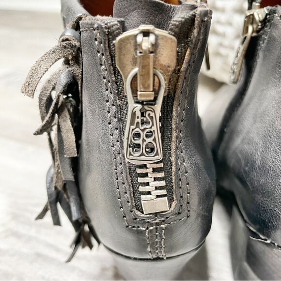 A.S. 98 Boho Leather Fringe Pointed Toe Block Heel Ankle Booties Black Size 37 - Picture 9 of 10